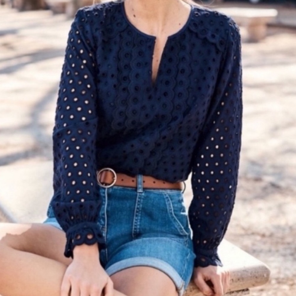 Boden Broderie Navy Blue Eyelet Embroidered Scallop Blouse Top US 4 Coquette